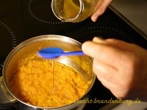 Mops Morosche Karottensuppe-Honig dazu geben