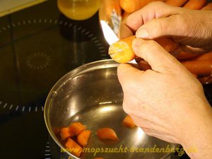Mops Morosche Karottensuppe-Karotten schneiden